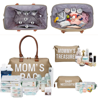 6pcs Large Diaper Bag Tote with Changing Pad & 2 Organized Pouches, Mom's Bag for Hospital with Pacifier Case, Straps, Stroller Hook, Baby Diaper Bag for Weekender Travel