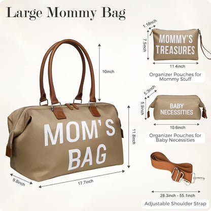 6pcs Large Diaper Bag Tote with Changing Pad & 2 Organized Pouches, Mom's Bag for Hospital with Pacifier Case, Straps, Stroller Hook, Baby Diaper Bag for Weekender Travel