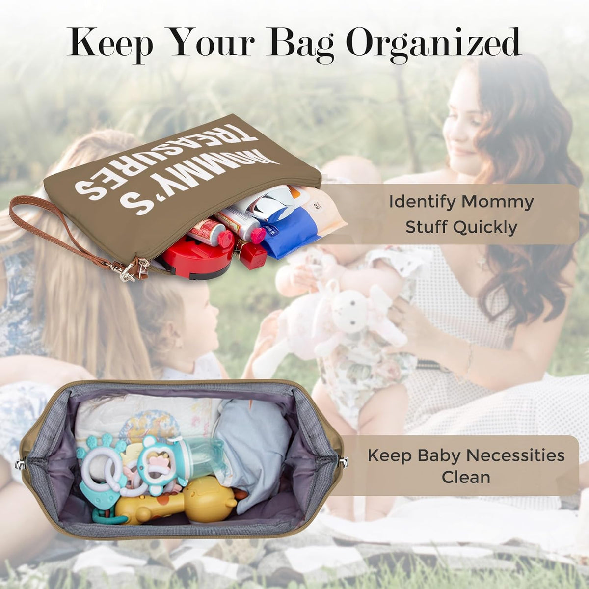 6pcs Large Diaper Bag Tote with Changing Pad & 2 Organized Pouches, Mom's Bag for Hospital with Pacifier Case, Straps, Stroller Hook, Baby Diaper Bag for Weekender Travel