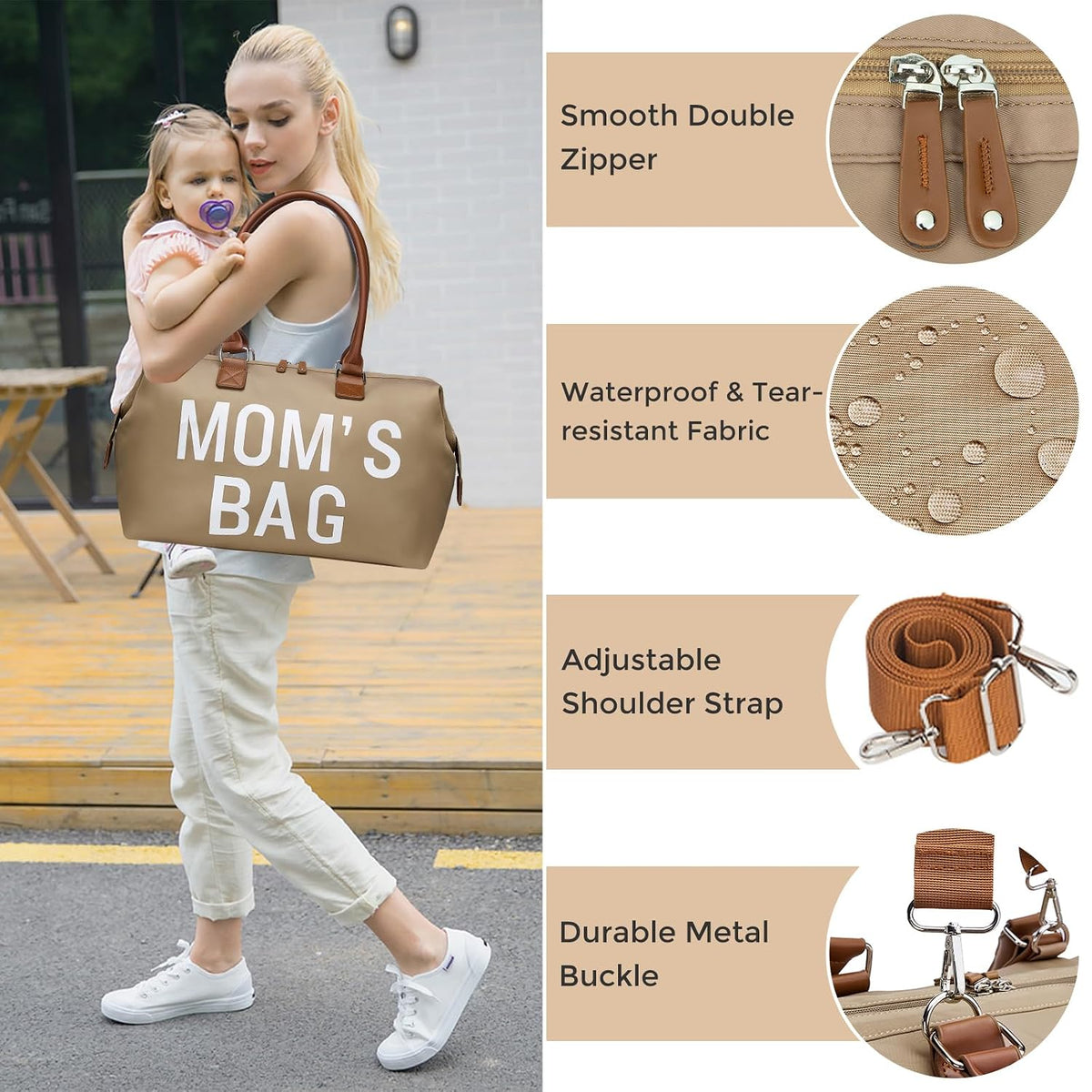 6pcs Large Diaper Bag Tote with Changing Pad & 2 Organized Pouches, Mom's Bag for Hospital with Pacifier Case, Straps, Stroller Hook, Baby Diaper Bag for Weekender Travel