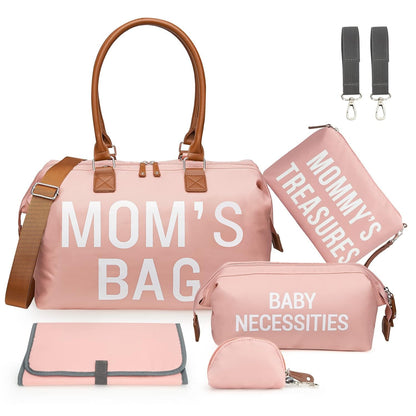 6pcs Large Diaper Bag Tote with Changing Pad & 2 Organized Pouches, Mom's Bag for Hospital with Pacifier Case, Straps, Stroller Hook, Baby Diaper Bag for Weekender Travel