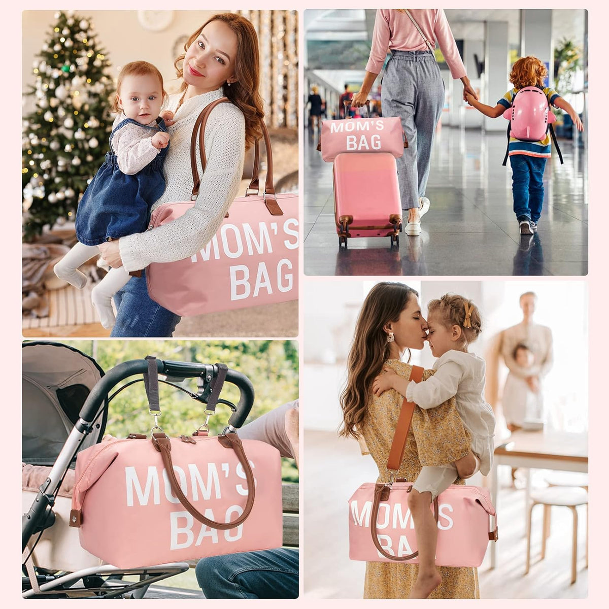 6pcs Large Diaper Bag Tote with Changing Pad & 2 Organized Pouches, Mom's Bag for Hospital with Pacifier Case, Straps, Stroller Hook, Baby Diaper Bag for Weekender Travel