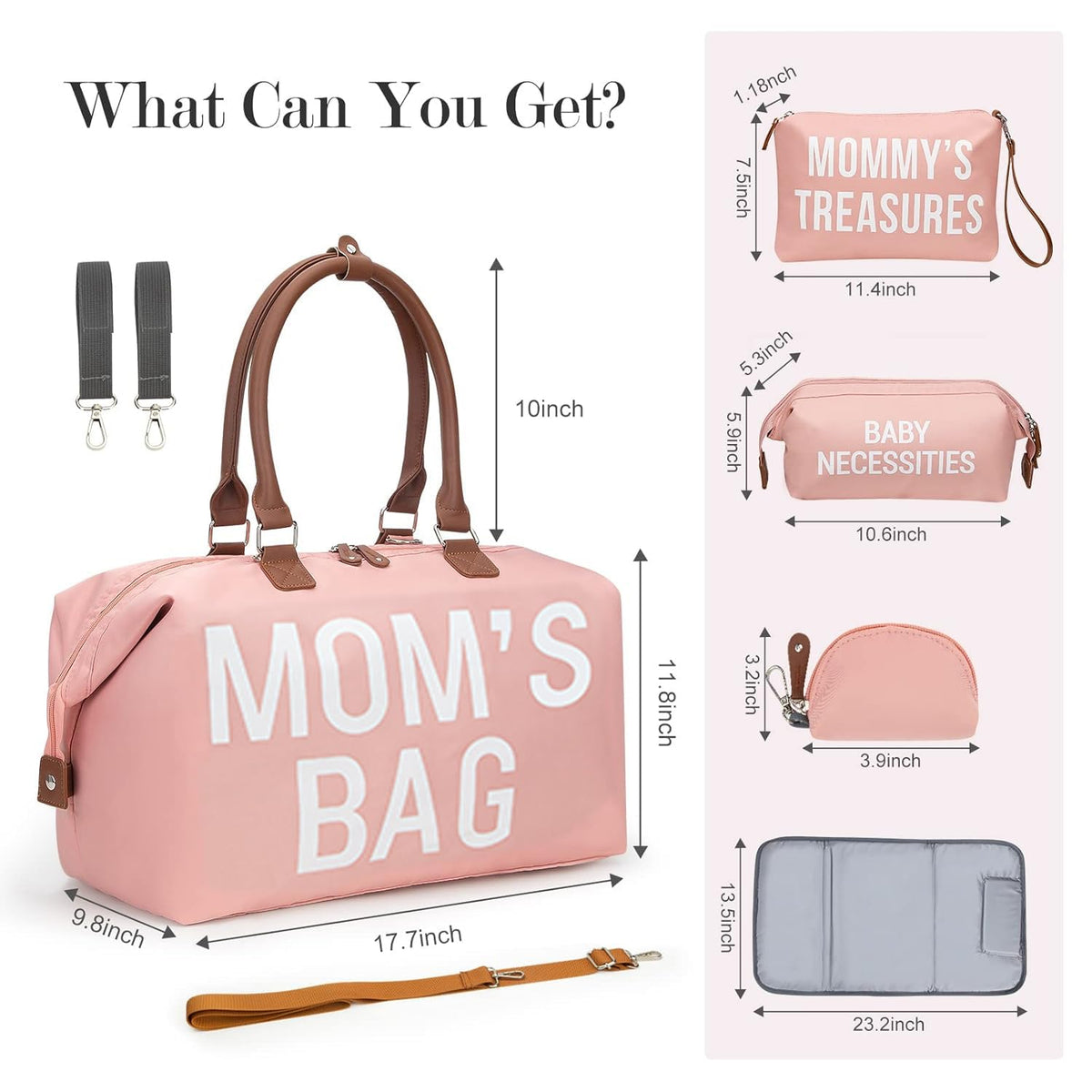6pcs Large Diaper Bag Tote with Changing Pad & 2 Organized Pouches, Mom's Bag for Hospital with Pacifier Case, Straps, Stroller Hook, Baby Diaper Bag for Weekender Travel