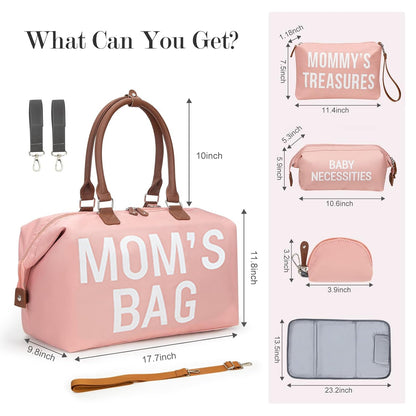 6pcs Large Diaper Bag Tote with Changing Pad & 2 Organized Pouches, Mom's Bag for Hospital with Pacifier Case, Straps, Stroller Hook, Baby Diaper Bag for Weekender Travel