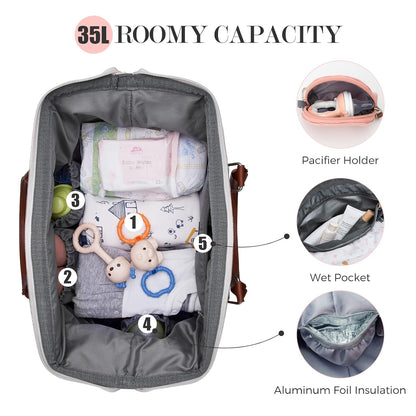 6pcs Large Diaper Bag Tote with Changing Pad & 2 Organized Pouches, Mom's Bag for Hospital with Pacifier Case, Straps, Stroller Hook, Baby Diaper Bag for Weekender Travel