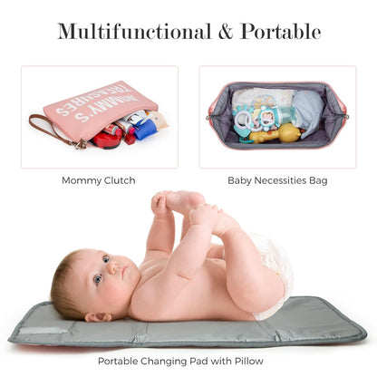 6pcs Large Diaper Bag Tote with Changing Pad & 2 Organized Pouches, Mom's Bag for Hospital with Pacifier Case, Straps, Stroller Hook, Baby Diaper Bag for Weekender Travel