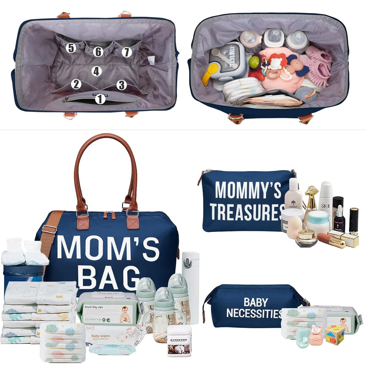 6pcs Large Diaper Bag Tote with Changing Pad & 2 Organized Pouches, Mom's Bag for Hospital with Pacifier Case, Straps, Stroller Hook, Baby Diaper Bag for Weekender Travel