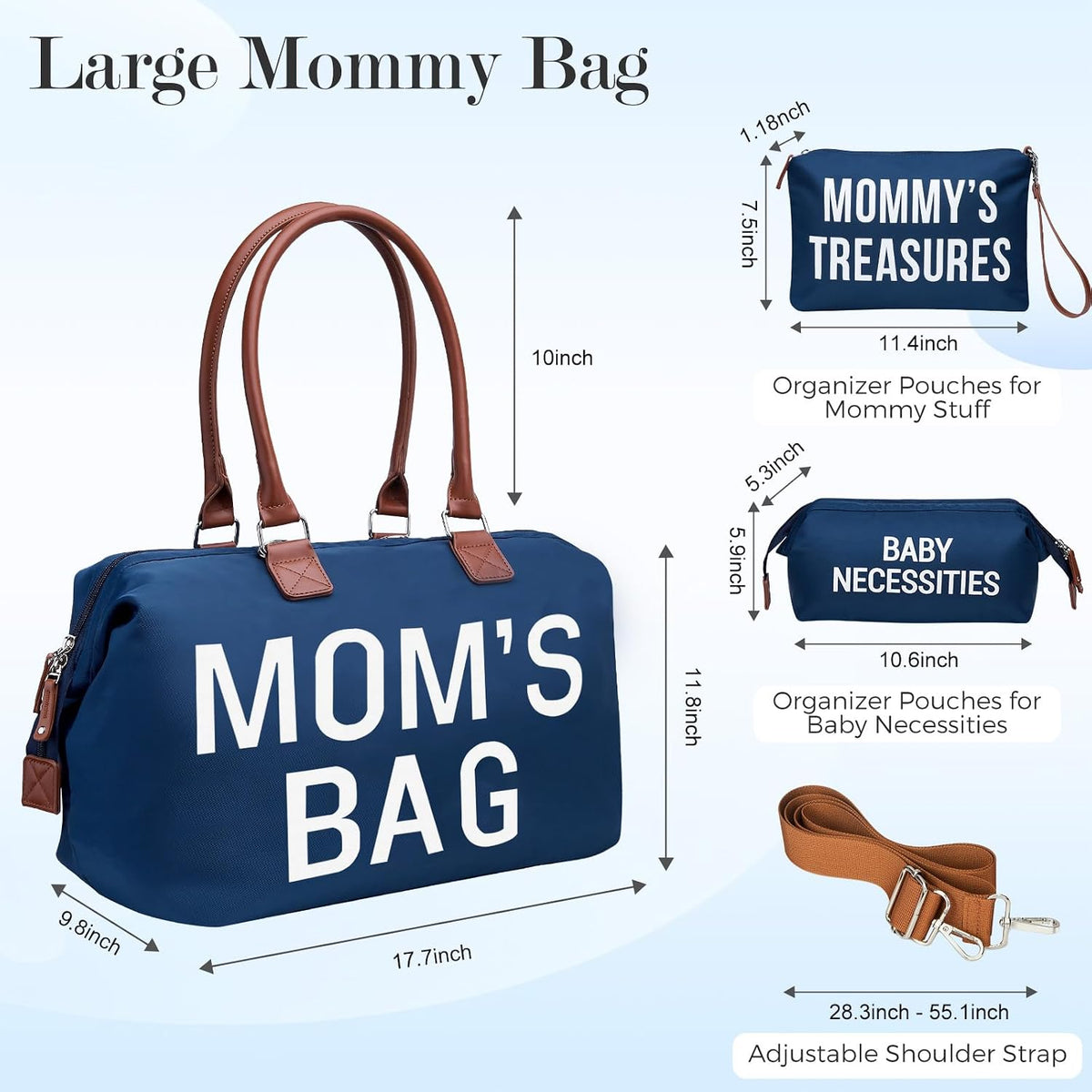 6pcs Large Diaper Bag Tote with Changing Pad & 2 Organized Pouches, Mom's Bag for Hospital with Pacifier Case, Straps, Stroller Hook, Baby Diaper Bag for Weekender Travel
