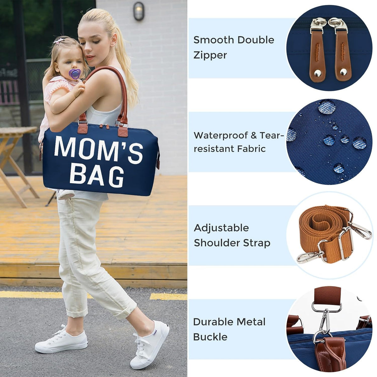 6pcs Large Diaper Bag Tote with Changing Pad & 2 Organized Pouches, Mom's Bag for Hospital with Pacifier Case, Straps, Stroller Hook, Baby Diaper Bag for Weekender Travel