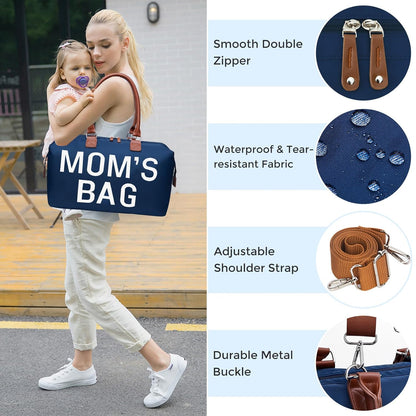 6pcs Large Diaper Bag Tote with Changing Pad & 2 Organized Pouches, Mom's Bag for Hospital with Pacifier Case, Straps, Stroller Hook, Baby Diaper Bag for Weekender Travel