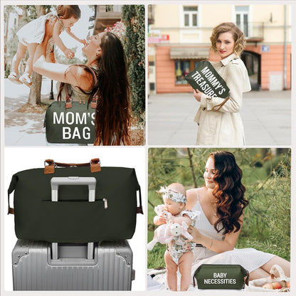 6pcs Large Diaper Bag Tote with Changing Pad & 2 Organized Pouches, Mom's Bag for Hospital with Pacifier Case, Straps, Stroller Hook, Baby Diaper Bag for Weekender Travel