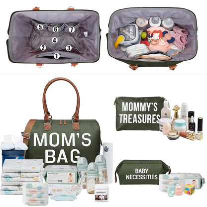 6pcs Large Diaper Bag Tote with Changing Pad & 2 Organized Pouches, Mom's Bag for Hospital with Pacifier Case, Straps, Stroller Hook, Baby Diaper Bag for Weekender Travel
