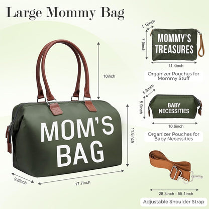 6pcs Large Diaper Bag Tote with Changing Pad & 2 Organized Pouches, Mom's Bag for Hospital with Pacifier Case, Straps, Stroller Hook, Baby Diaper Bag for Weekender Travel
