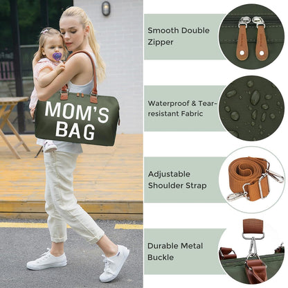 6pcs Large Diaper Bag Tote with Changing Pad & 2 Organized Pouches, Mom's Bag for Hospital with Pacifier Case, Straps, Stroller Hook, Baby Diaper Bag for Weekender Travel