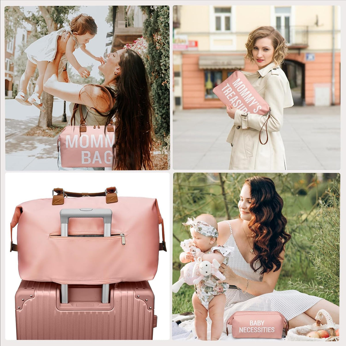 6pcs Large Diaper Bag Tote with Changing Pad & 2 Organized Pouches, Mom's Bag for Hospital with Pacifier Case, Straps, Stroller Hook, Baby Diaper Bag for Weekender Travel