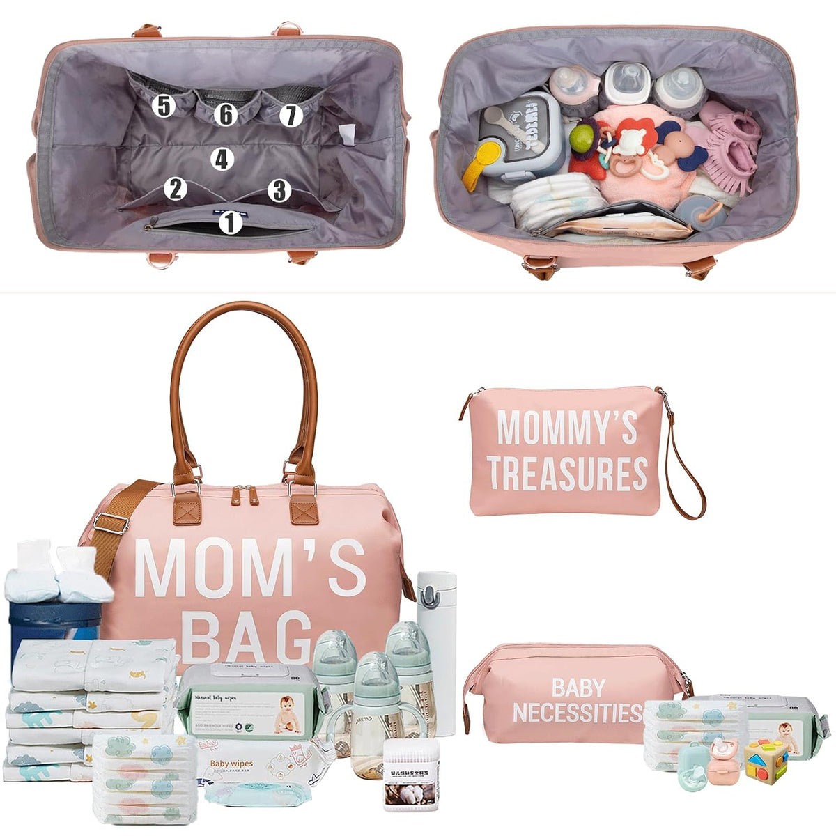 6pcs Large Diaper Bag Tote with Changing Pad & 2 Organized Pouches, Mom's Bag for Hospital with Pacifier Case, Straps, Stroller Hook, Baby Diaper Bag for Weekender Travel