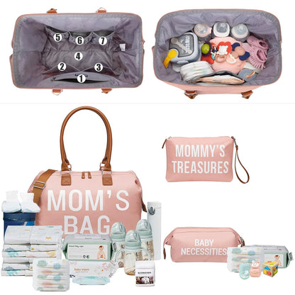 6pcs Large Diaper Bag Tote with Changing Pad & 2 Organized Pouches, Mom's Bag for Hospital with Pacifier Case, Straps, Stroller Hook, Baby Diaper Bag for Weekender Travel