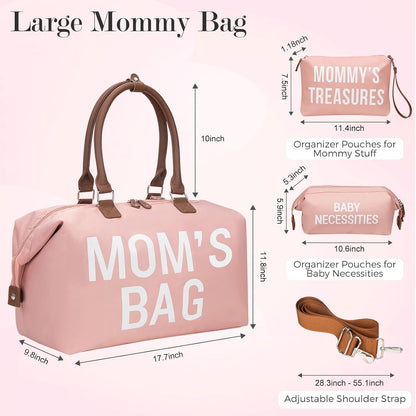 6pcs Large Diaper Bag Tote with Changing Pad & 2 Organized Pouches, Mom's Bag for Hospital with Pacifier Case, Straps, Stroller Hook, Baby Diaper Bag for Weekender Travel