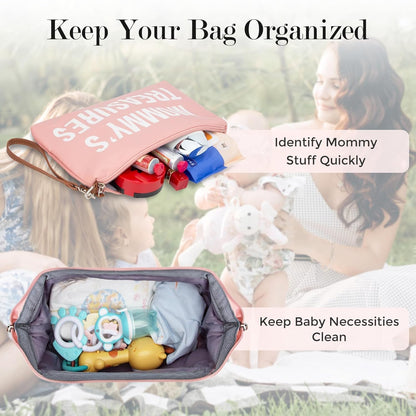 6pcs Large Diaper Bag Tote with Changing Pad & 2 Organized Pouches, Mom's Bag for Hospital with Pacifier Case, Straps, Stroller Hook, Baby Diaper Bag for Weekender Travel