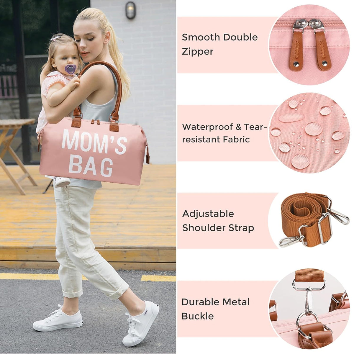 6pcs Large Diaper Bag Tote with Changing Pad & 2 Organized Pouches, Mom's Bag for Hospital with Pacifier Case, Straps, Stroller Hook, Baby Diaper Bag for Weekender Travel