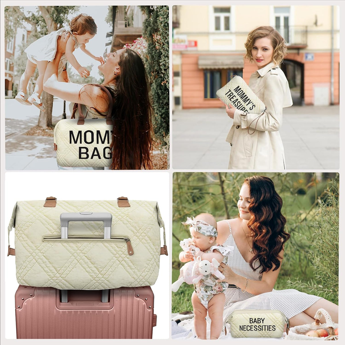 6pcs Large Diaper Bag Tote with Changing Pad & 2 Organized Pouches, Mom's Bag for Hospital with Pacifier Case, Straps, Stroller Hook, Baby Diaper Bag for Weekender Travel