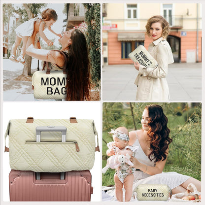6pcs Large Diaper Bag Tote with Changing Pad & 2 Organized Pouches, Mom's Bag for Hospital with Pacifier Case, Straps, Stroller Hook, Baby Diaper Bag for Weekender Travel