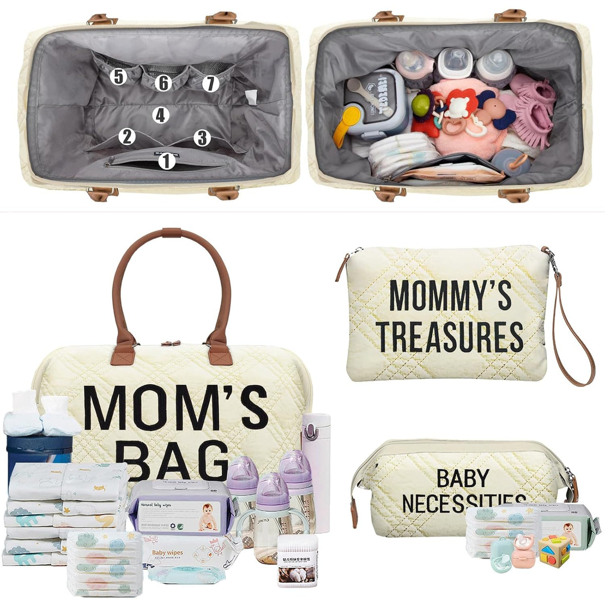 6pcs Large Diaper Bag Tote with Changing Pad & 2 Organized Pouches, Mom's Bag for Hospital with Pacifier Case, Straps, Stroller Hook, Baby Diaper Bag for Weekender Travel