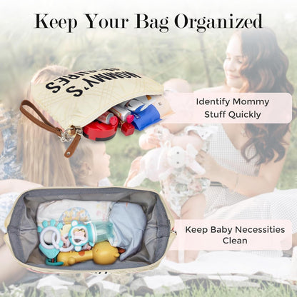 6pcs Large Diaper Bag Tote with Changing Pad & 2 Organized Pouches, Mom's Bag for Hospital with Pacifier Case, Straps, Stroller Hook, Baby Diaper Bag for Weekender Travel