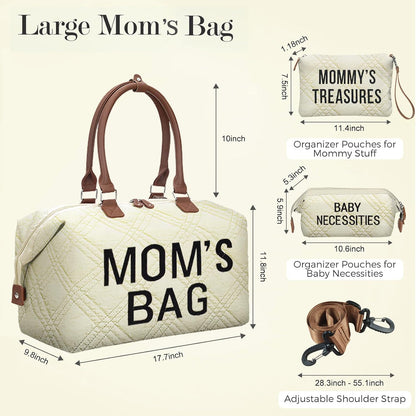 6pcs Large Diaper Bag Tote with Changing Pad & 2 Organized Pouches, Mom's Bag for Hospital with Pacifier Case, Straps, Stroller Hook, Baby Diaper Bag for Weekender Travel