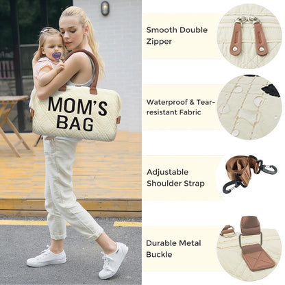 6pcs Large Diaper Bag Tote with Changing Pad & 2 Organized Pouches, Mom's Bag for Hospital with Pacifier Case, Straps, Stroller Hook, Baby Diaper Bag for Weekender Travel