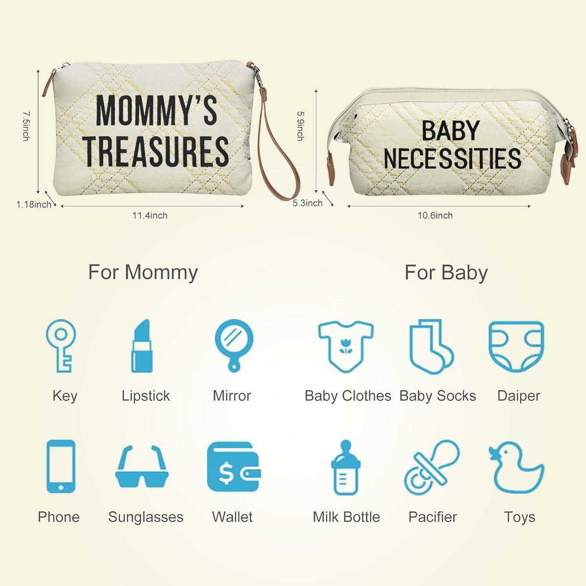 6pcs Large Diaper Bag Tote with Changing Pad & 2 Organized Pouches, Mom's Bag for Hospital with Pacifier Case, Straps, Stroller Hook, Baby Diaper Bag for Weekender Travel