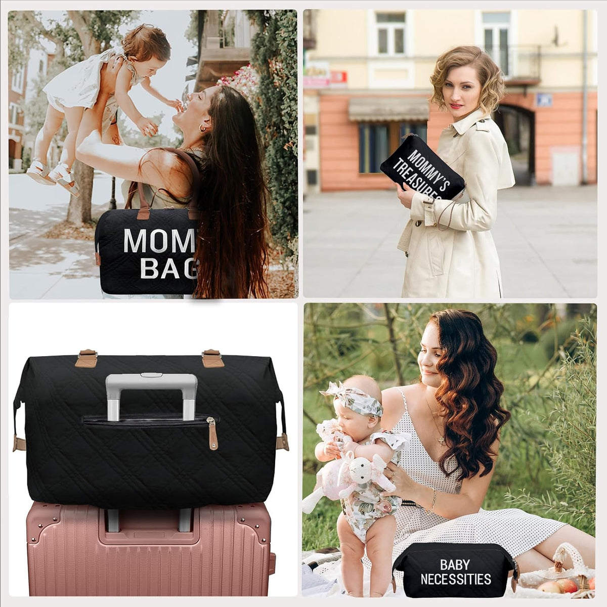 6pcs Large Diaper Bag Tote with Changing Pad & 2 Organized Pouches, Mom's Bag for Hospital with Pacifier Case, Straps, Stroller Hook, Baby Diaper Bag for Weekender Travel