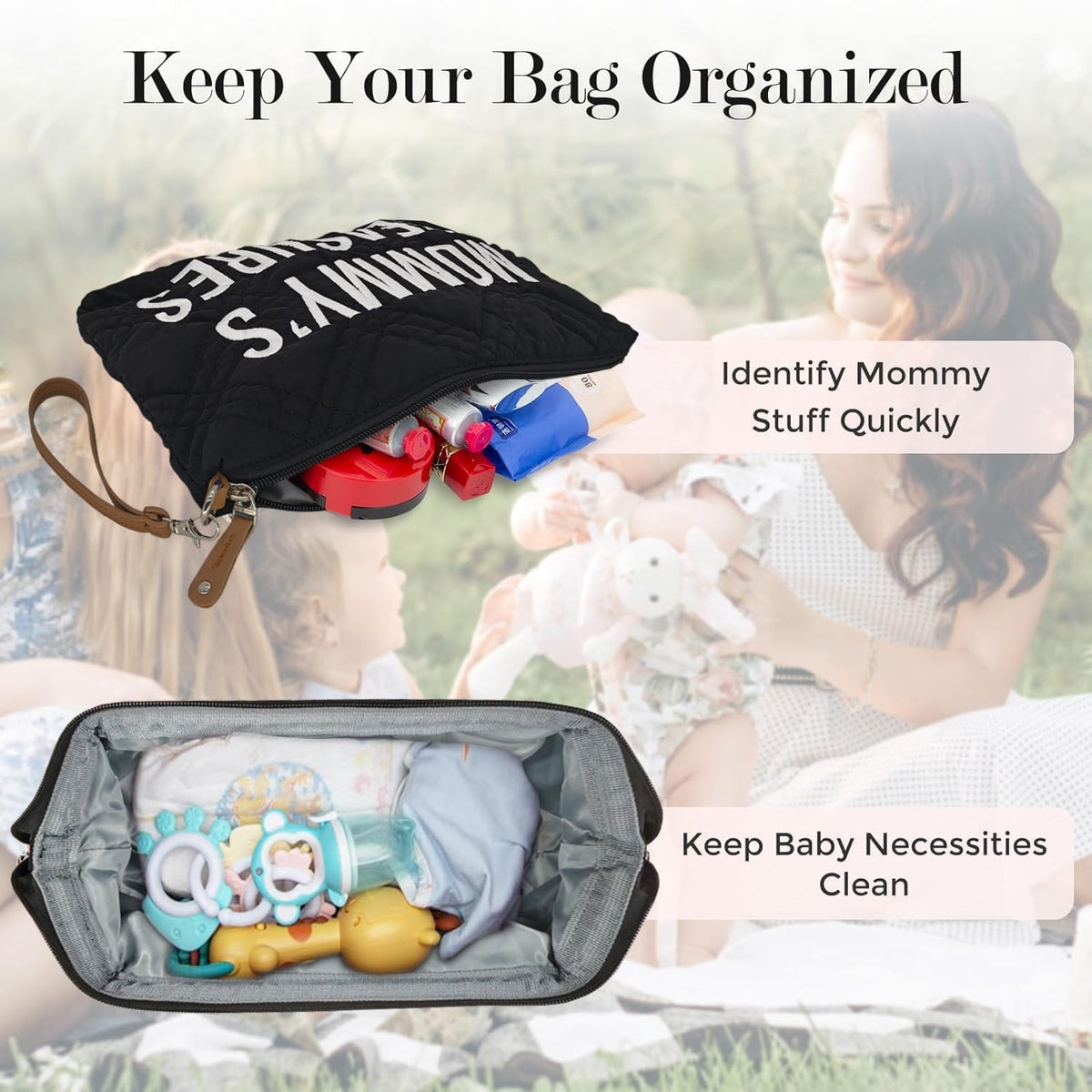 6pcs Large Diaper Bag Tote with Changing Pad & 2 Organized Pouches, Mom's Bag for Hospital with Pacifier Case, Straps, Stroller Hook, Baby Diaper Bag for Weekender Travel