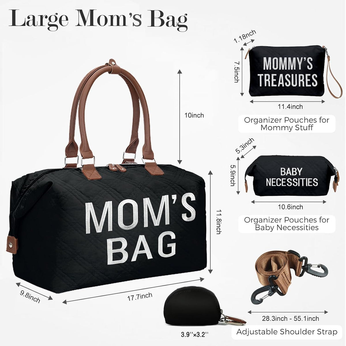 6pcs Large Diaper Bag Tote with Changing Pad & 2 Organized Pouches, Mom's Bag for Hospital with Pacifier Case, Straps, Stroller Hook, Baby Diaper Bag for Weekender Travel