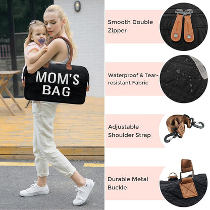 6pcs Large Diaper Bag Tote with Changing Pad & 2 Organized Pouches, Mom's Bag for Hospital with Pacifier Case, Straps, Stroller Hook, Baby Diaper Bag for Weekender Travel
