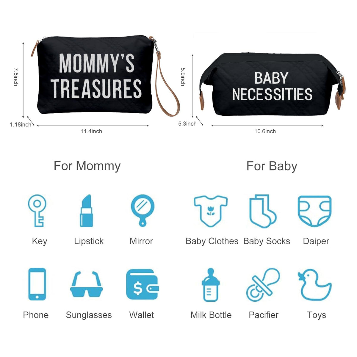 6pcs Large Diaper Bag Tote with Changing Pad & 2 Organized Pouches, Mom's Bag for Hospital with Pacifier Case, Straps, Stroller Hook, Baby Diaper Bag for Weekender Travel