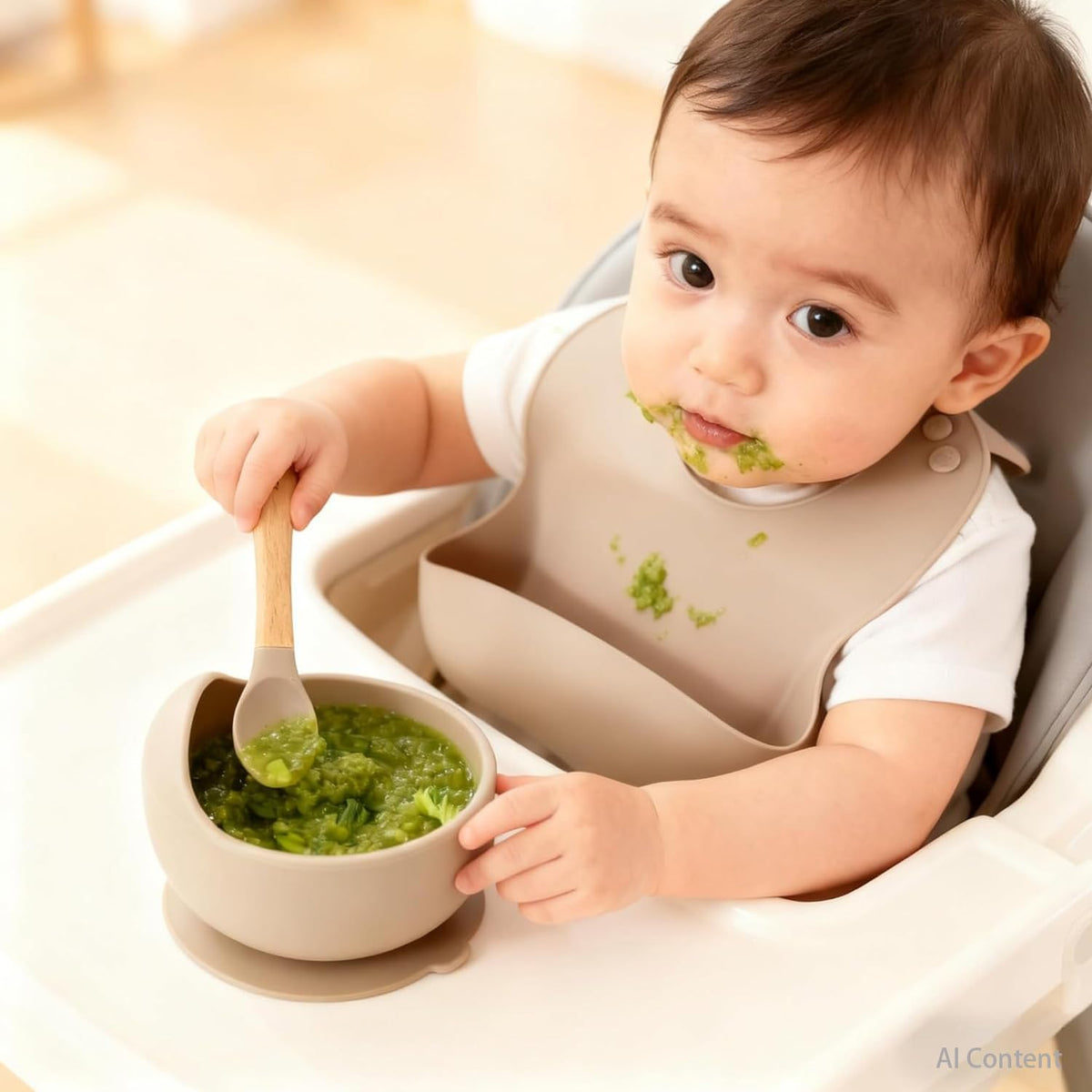 Suction Baby Bowl Silicone Bib Spoon Set 6 M+ (Hazy Green)
