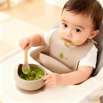 Suction Baby Bowl Silicone Bib Spoon Set 6 M+ (Hazy Green)