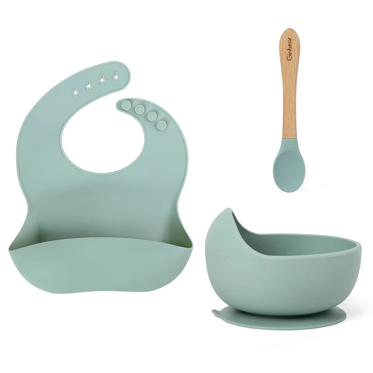Suction Baby Bowl Silicone Bib Spoon Set 6 M+ (Hazy Green)