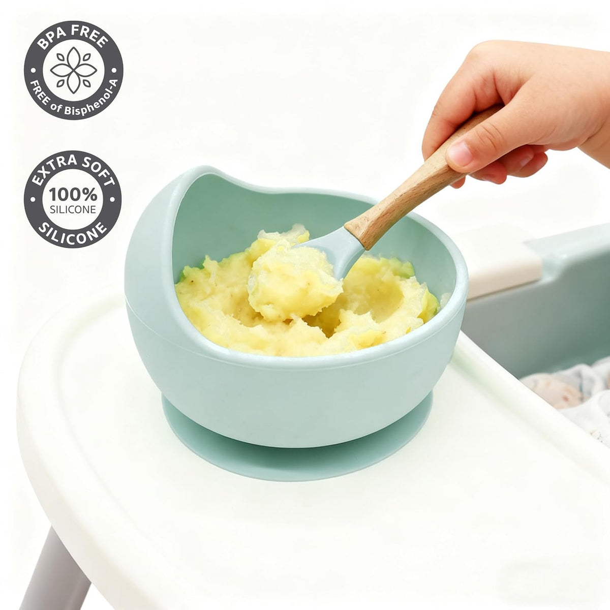Suction Baby Bowl Silicone Bib Spoon Set 6 M+ (Hazy Green)