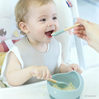 Suction Baby Bowl Silicone Bib Spoon Set 6 M+ (Hazy Green)