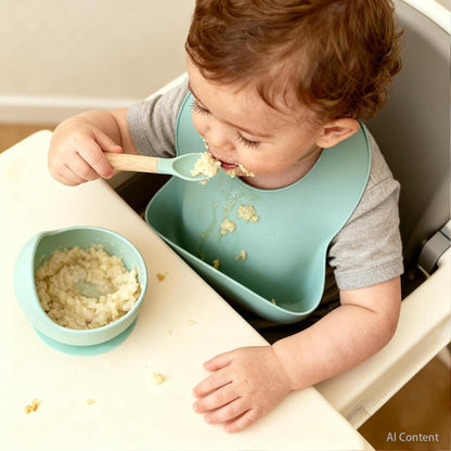 Suction Baby Bowl Silicone Bib Spoon Set 6 M+ (Hazy Green)
