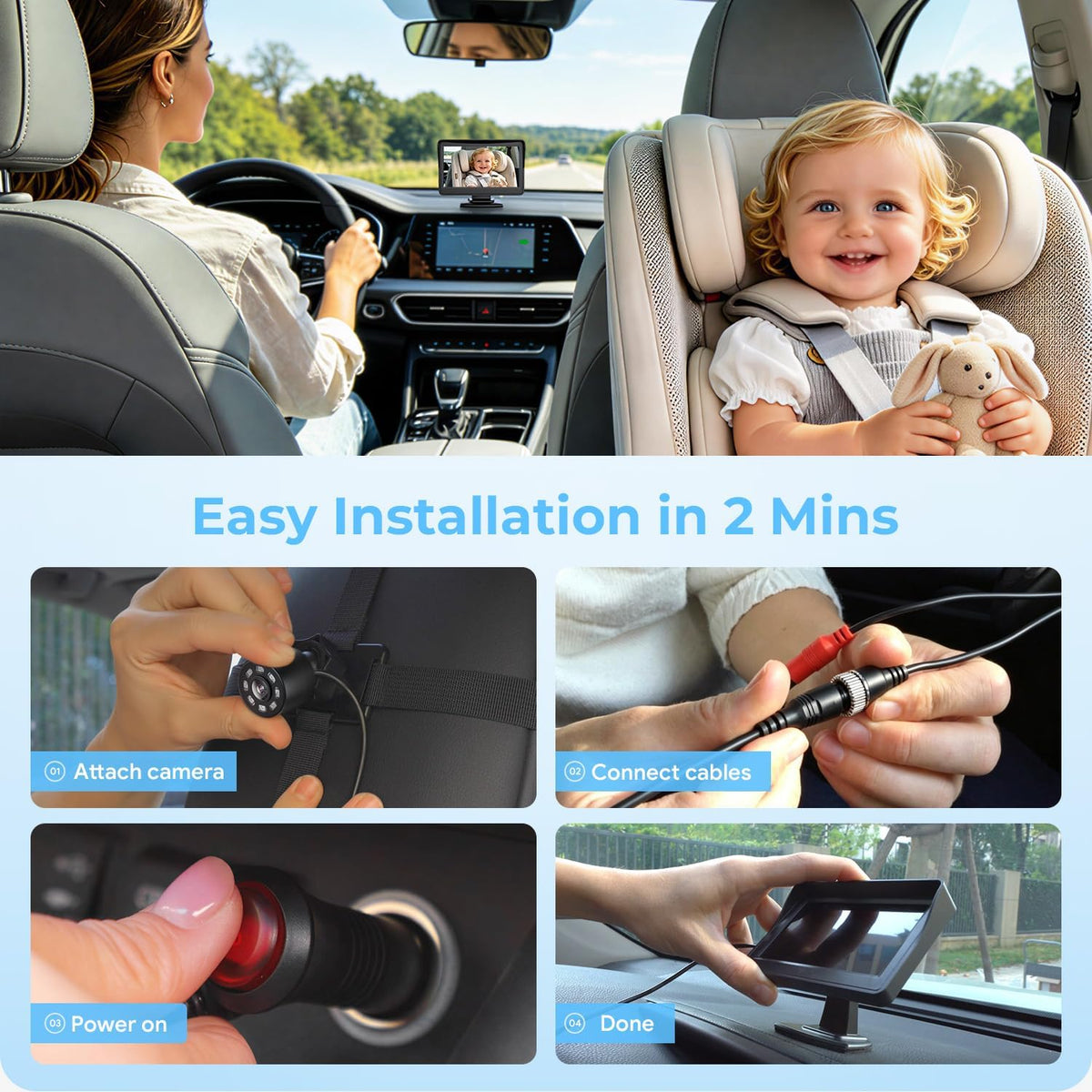 Baby Car Camera, Easily Install Baby Car Mirror 1080P Clear Car Baby Camera for Rear Facing Seat Backseat 4.3 inch Display
