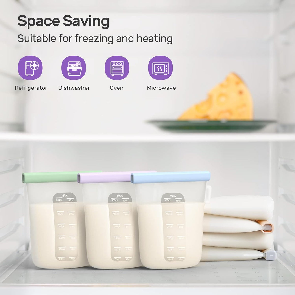 7 Pcs Reusable Silicone Breastmilk Storage Bags, 12oz/360ml Double Leak-Proof Breastmilk Freezer Bags, BPA Free Self-Standing Milk Bags for Breastfeeding, Baby Food Pouches