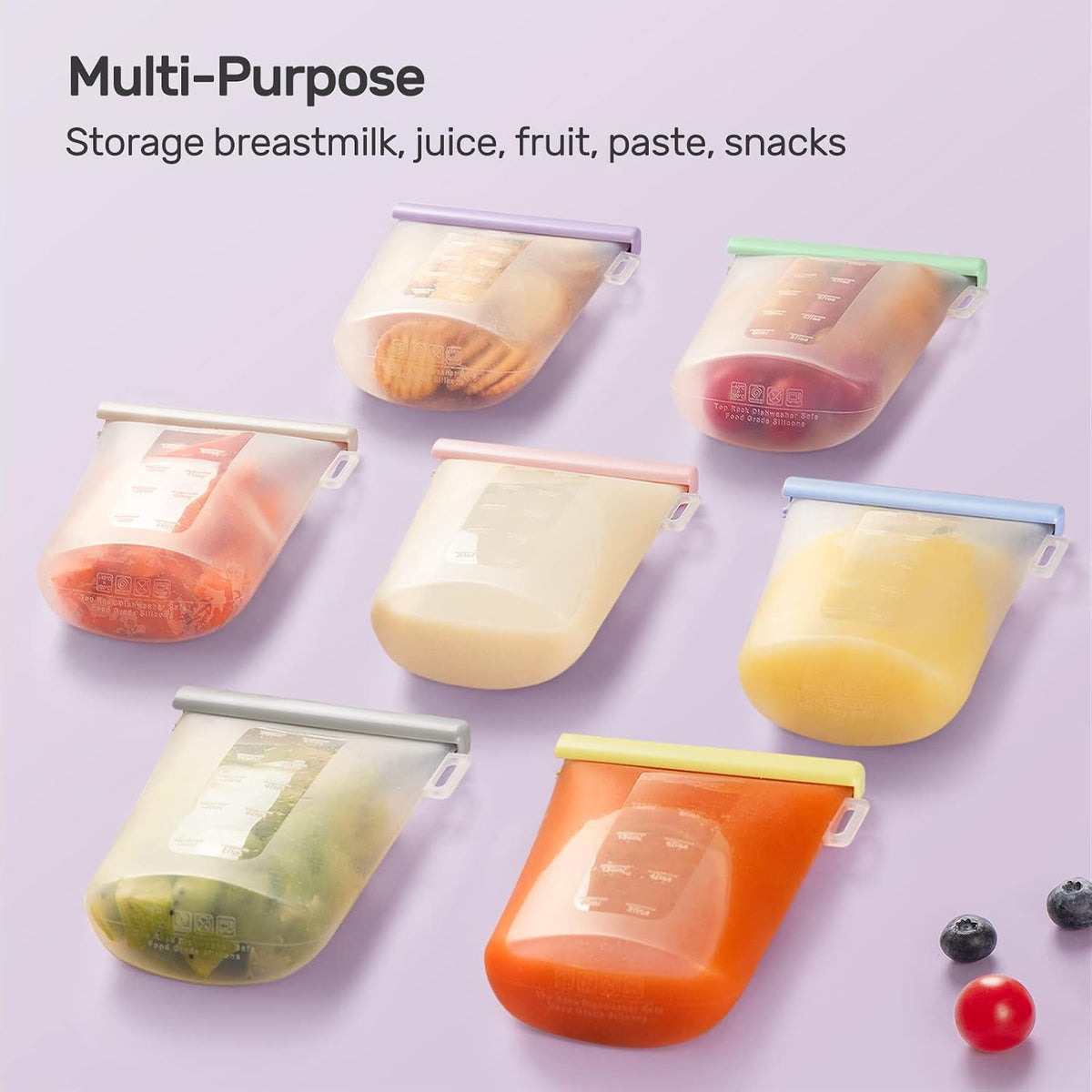 7 Pcs Reusable Silicone Breastmilk Storage Bags, 12oz/360ml Double Leak-Proof Breastmilk Freezer Bags, BPA Free Self-Standing Milk Bags for Breastfeeding, Baby Food Pouches