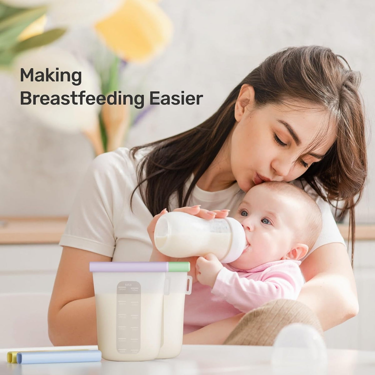 7 Pcs Reusable Silicone Breastmilk Storage Bags, 12oz/360ml Double Leak-Proof Breastmilk Freezer Bags, BPA Free Self-Standing Milk Bags for Breastfeeding, Baby Food Pouches