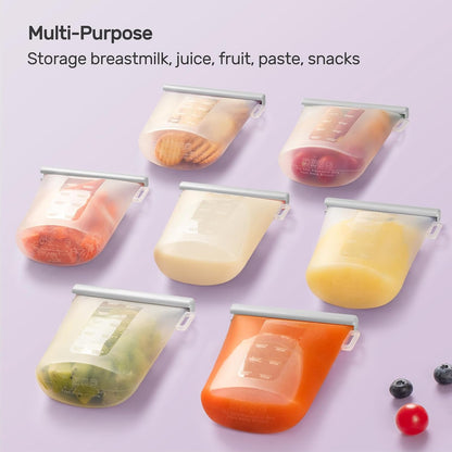 7 Pcs Reusable Silicone Breastmilk Storage Bags, 12oz/360ml Double Leak-Proof Breastmilk Freezer Bags, BPA Free Self-Standing Milk Bags for Breastfeeding, Baby Food Pouches