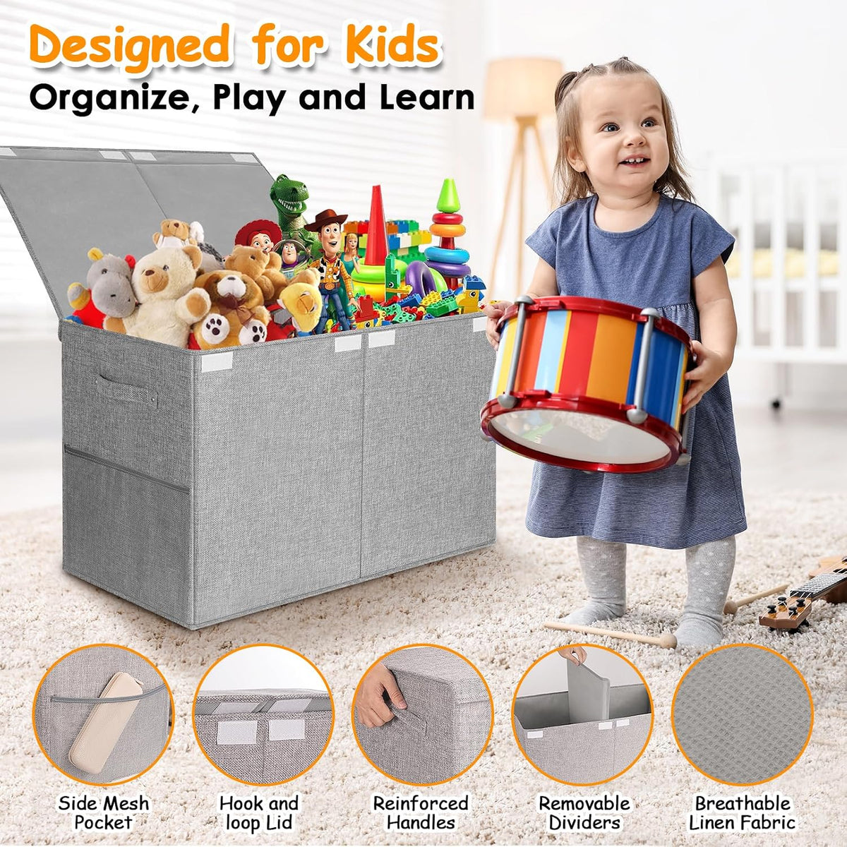 Large Toy Box Chest with Lid, Kids Toy Storage Organizer for Boys Girls, Big Toy Bin Basket Extra Large Toy Storage Box for Living Room Playroom Nursery 25"x13"x16"