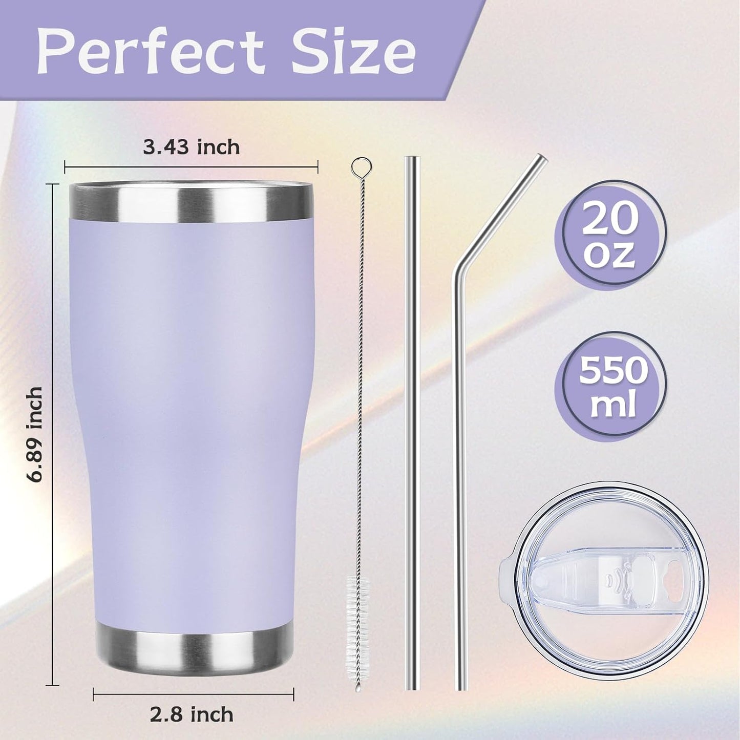 20oz Insulated Tumbler with Lid Straw Travel Coffee Mug Cup (Light/Purple) | Double Wall Vacuum Hot Iced Insulated Cup Stainless Steel Mug Leakproof Powder Coated Metal Tumbler for Men Women