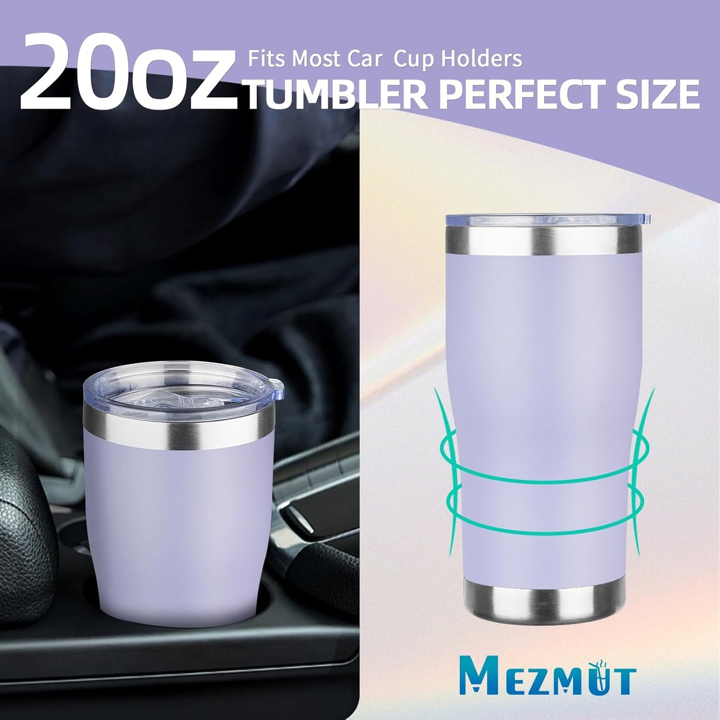 20oz Insulated Tumbler with Lid Straw Travel Coffee Mug Cup (Light/Purple) | Double Wall Vacuum Hot Iced Insulated Cup Stainless Steel Mug Leakproof Powder Coated Metal Tumbler for Men Women